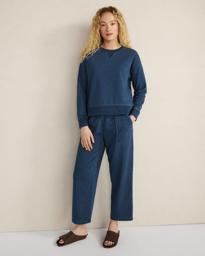 INDIGO WASHED COTTON FLEECE STRAIGHT LEG PANTS
