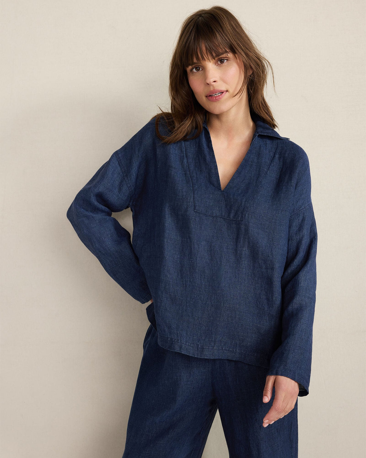 LINEN COLLARED LONG SLEEVE TOP