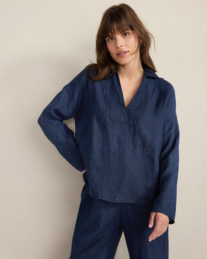 LINEN COLLARED LONG SLEEVE TOP