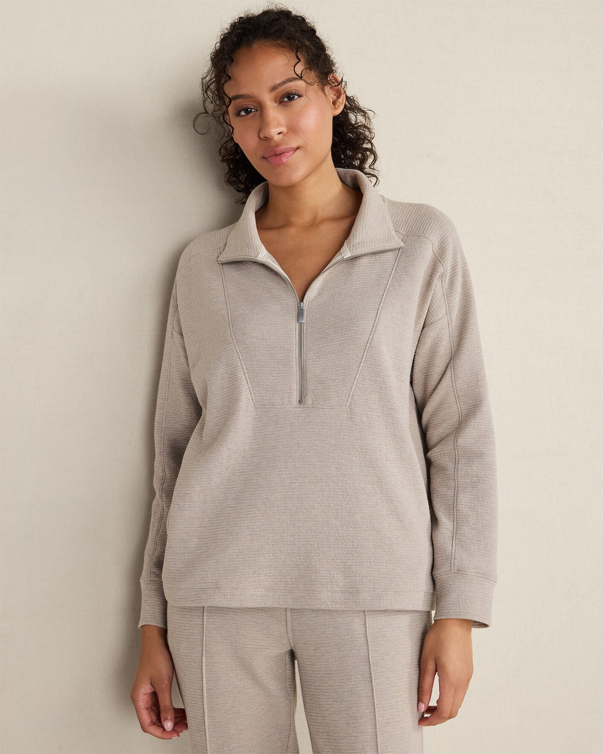 COTTON BLEND OTTOMAN RIB HALF ZIP PULLOVER
