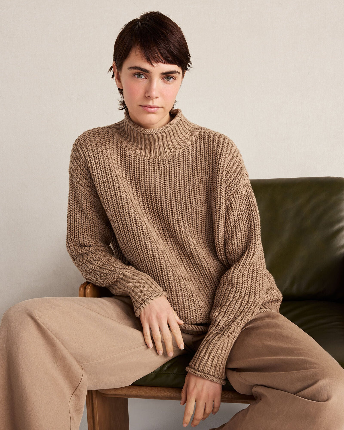 ORGANIC COTTON SHAKER STITCH ROLL NECK SWEATER