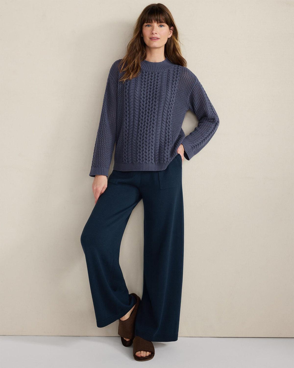 COTTON BLEND MIXED STITCH CREWNECK SWEATER