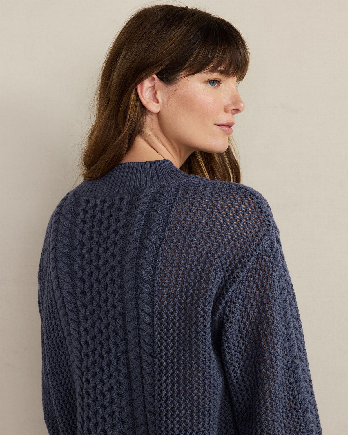 COTTON BLEND MIXED STITCH CREWNECK SWEATER