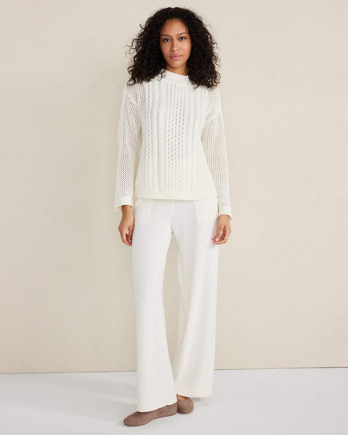 COTTON BLEND MIXED STITCH CREWNECK SWEATER