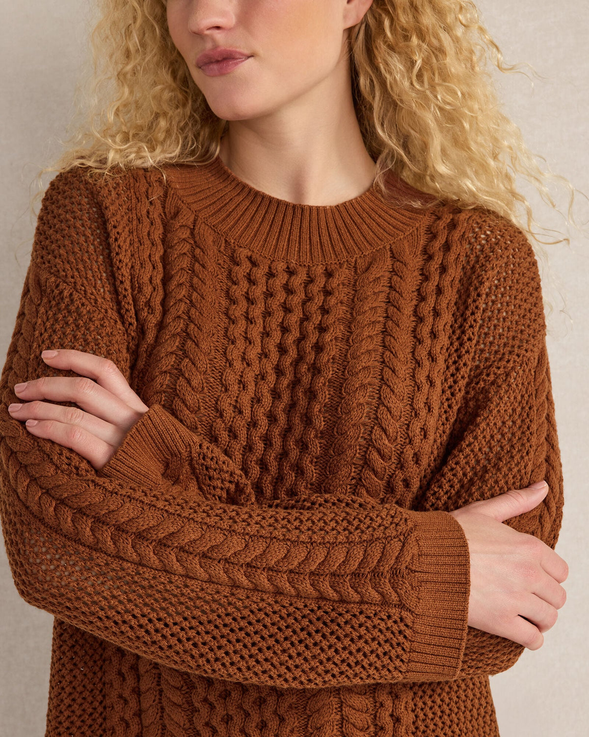 COTTON BLEND MIXED STITCH CREWNECK SWEATER