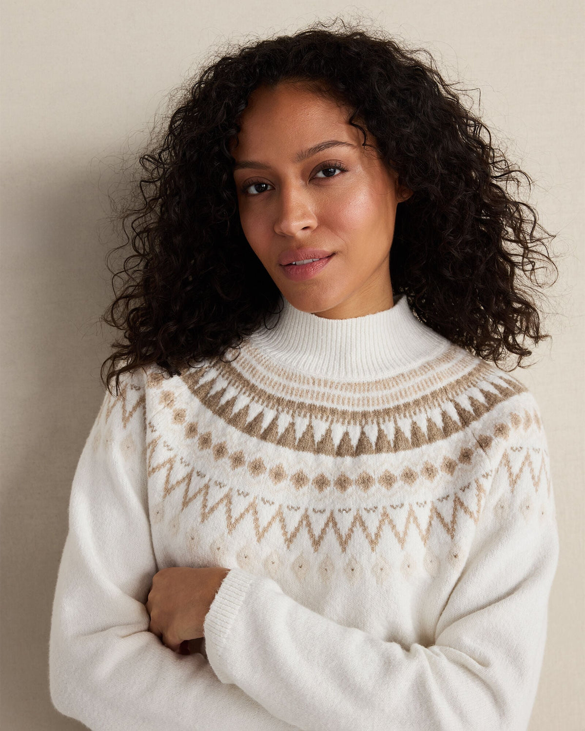 ORGANIC COTTON BLEND FAIRISLE MOCK NECK SWEATER