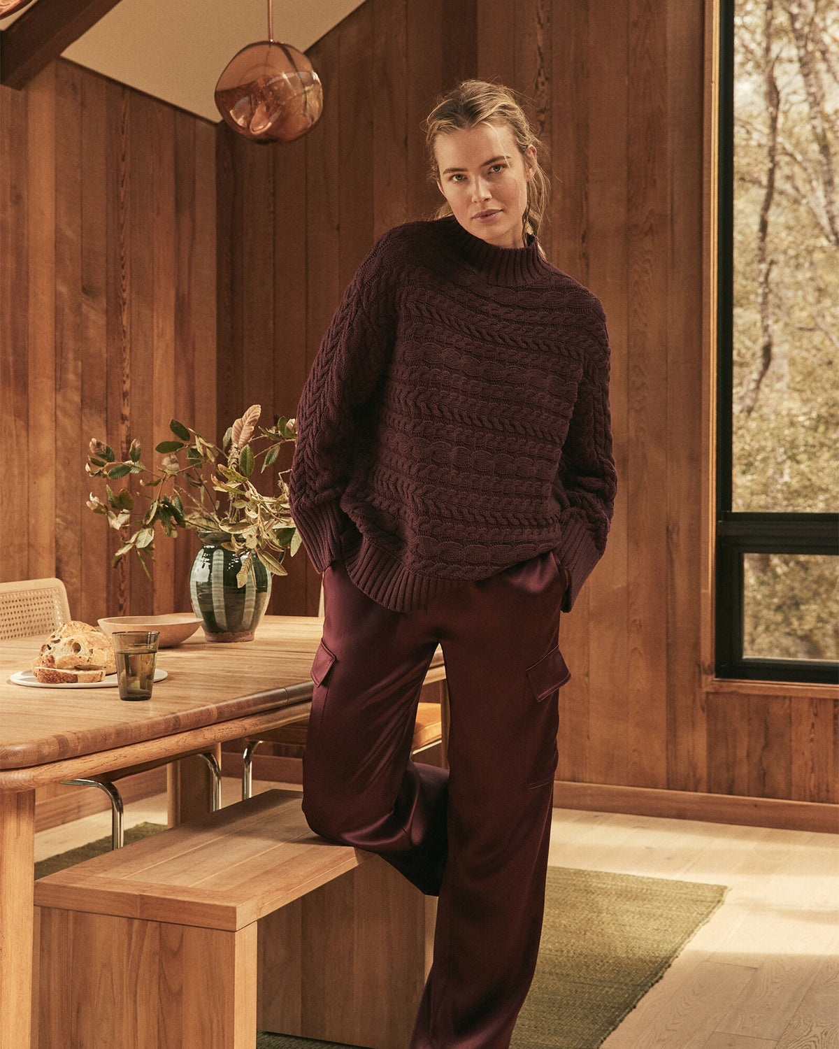 ORGANIC COTTON HORIZONTAL CABLE FUNNEL NECK SWEATER