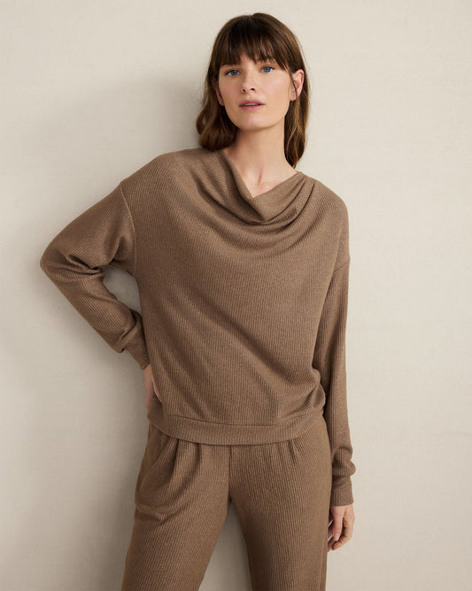 BRUSHED RIB KNIT DRAPE NECK TOP