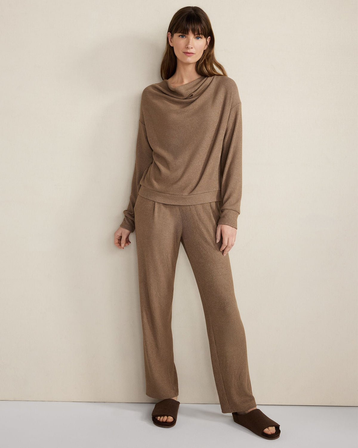 BRUSHED RIB KNIT DRAPE NECK TOP