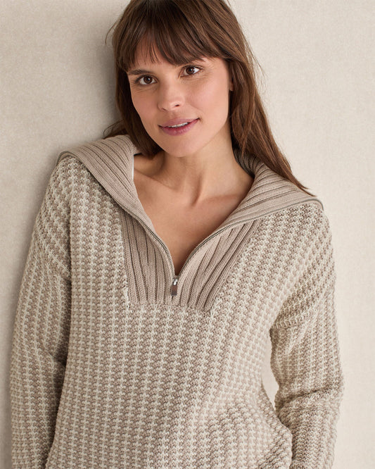 COTTON BLEND CONTRAST STITCH HALF ZIP SWEATER