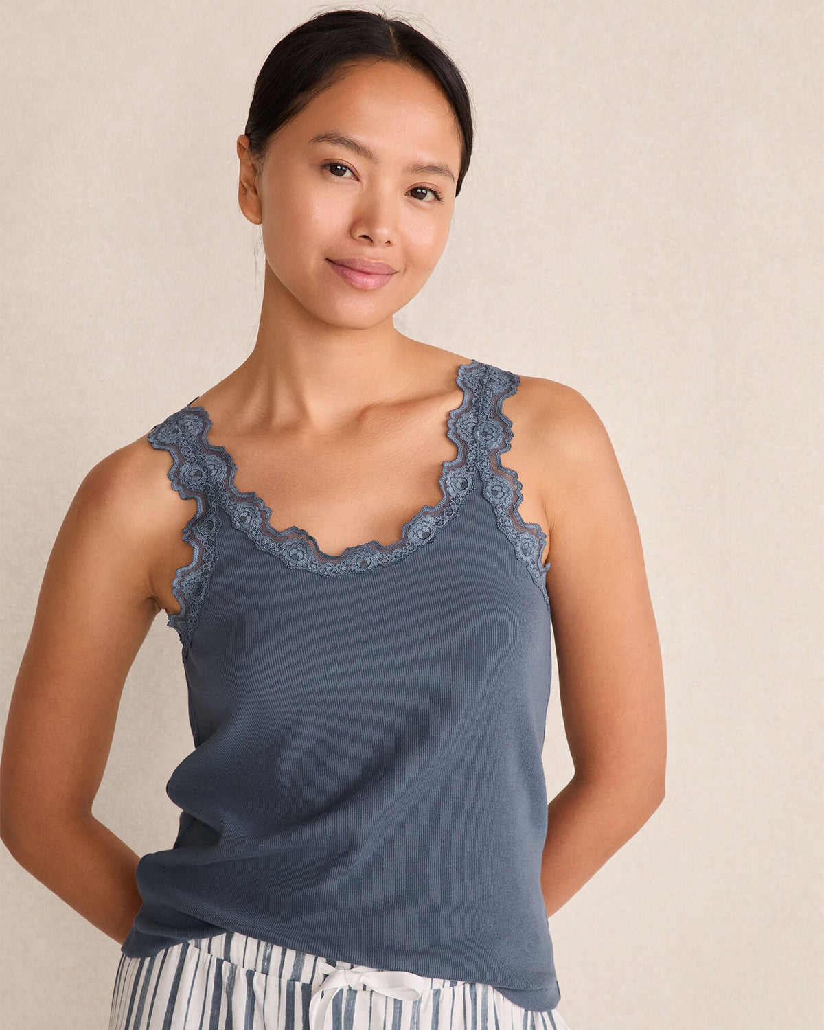 ORGANIC COTTON RIB KNIT LACE TANK