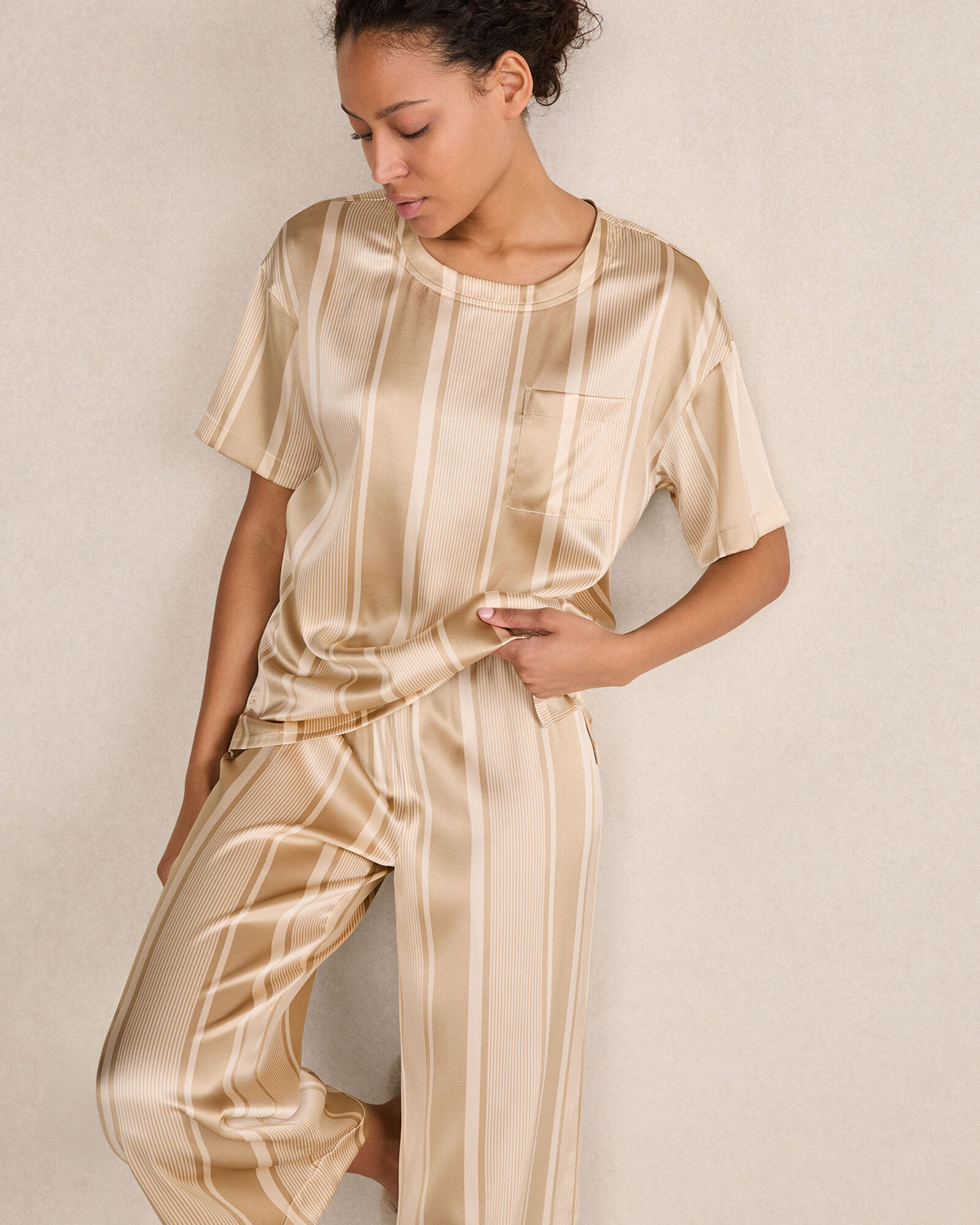 WASHABLE SILK STRIPE DROP SHOULDER TEE