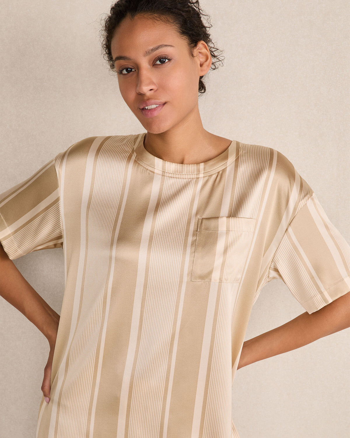 WASHABLE SILK STRIPE DROP SHOULDER TEE