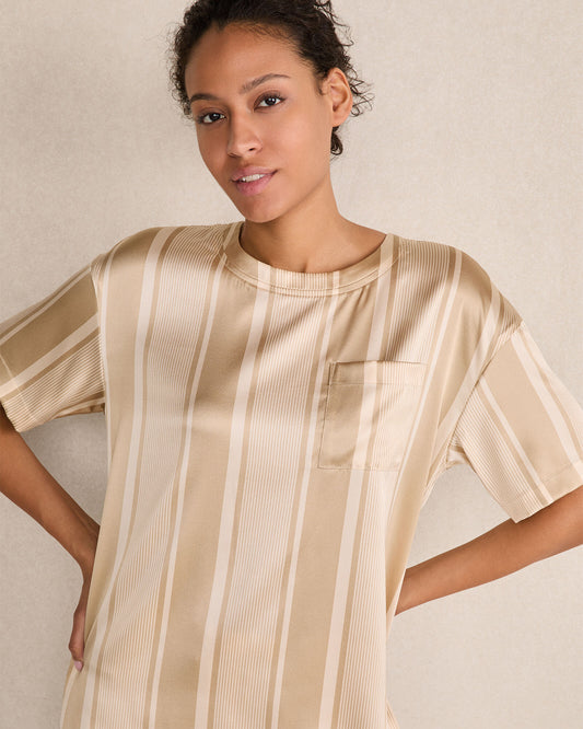 WASHABLE SILK STRIPE DROP SHOULDER TEE