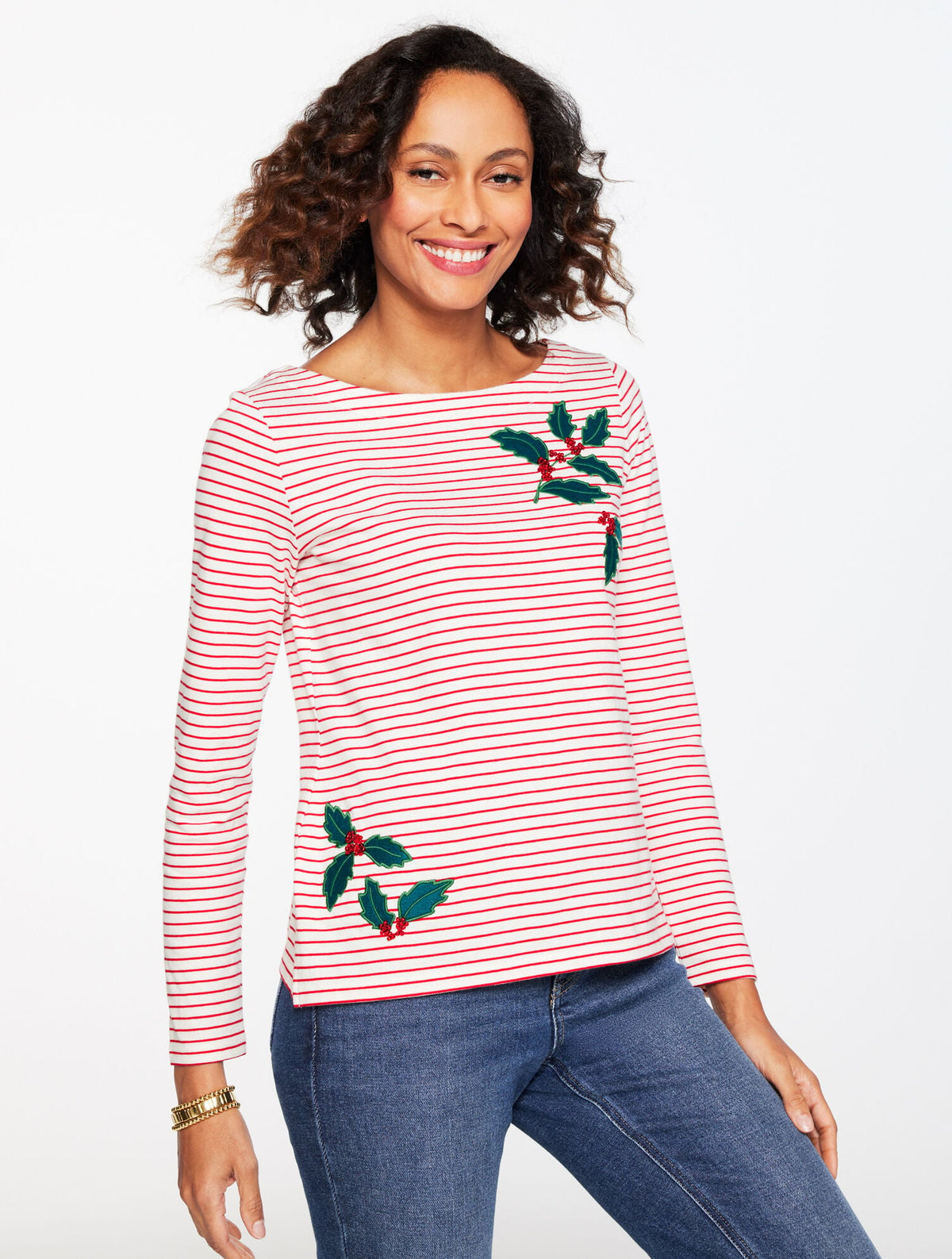 EMBROIDERED BATEAU NECK TEE - HOLLY BERRY STRIPE