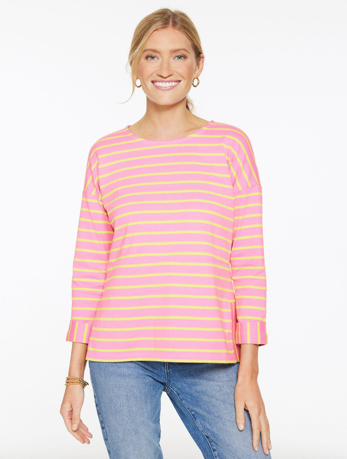DROP SHOULDER CREWNECK TEE - GREENFIELD STRIPE - LIMEADE