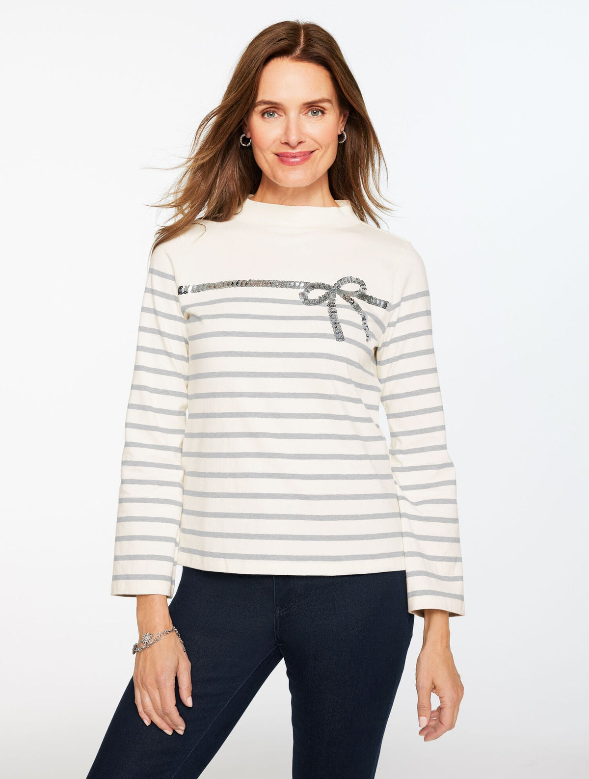 SEQUIN RIBBON STRIPE MOCKNECK TEE