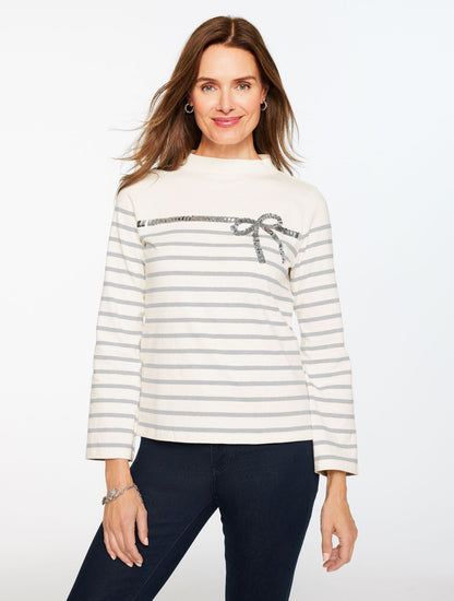 SEQUIN RIBBON STRIPE MOCKNECK TEE