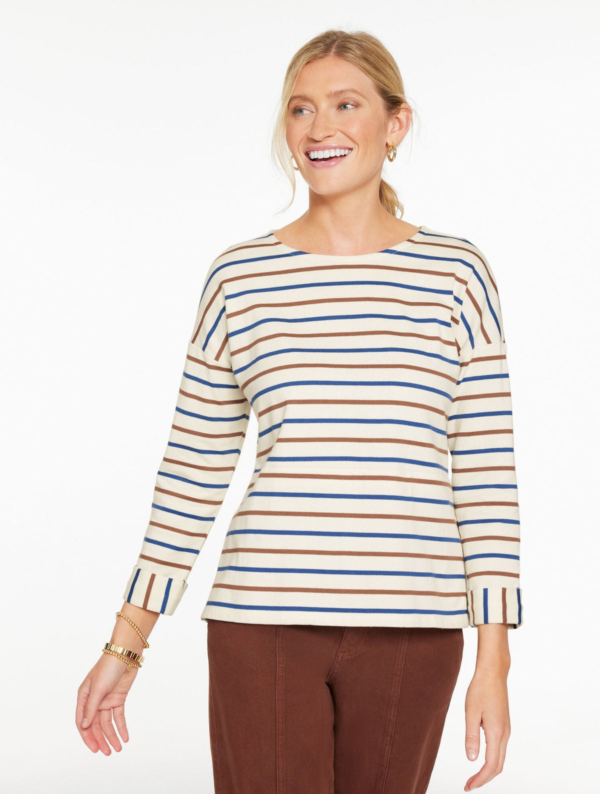 DROP SHOULDER CREWNECK TEE - GREENFIELD STRIPE - NAVY DUSK