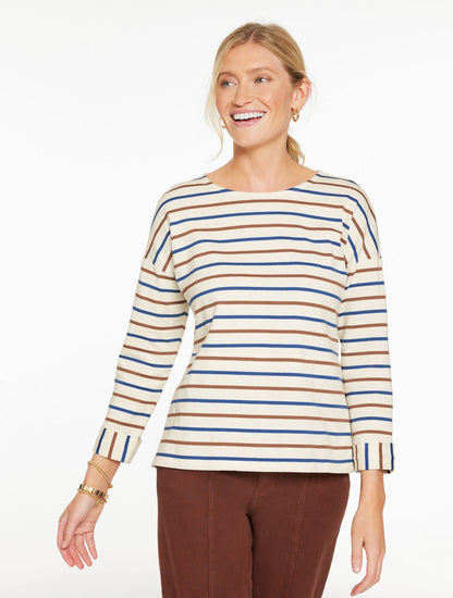 DROP SHOULDER CREWNECK TEE - GREENFIELD STRIPE - NAVY DUSK
