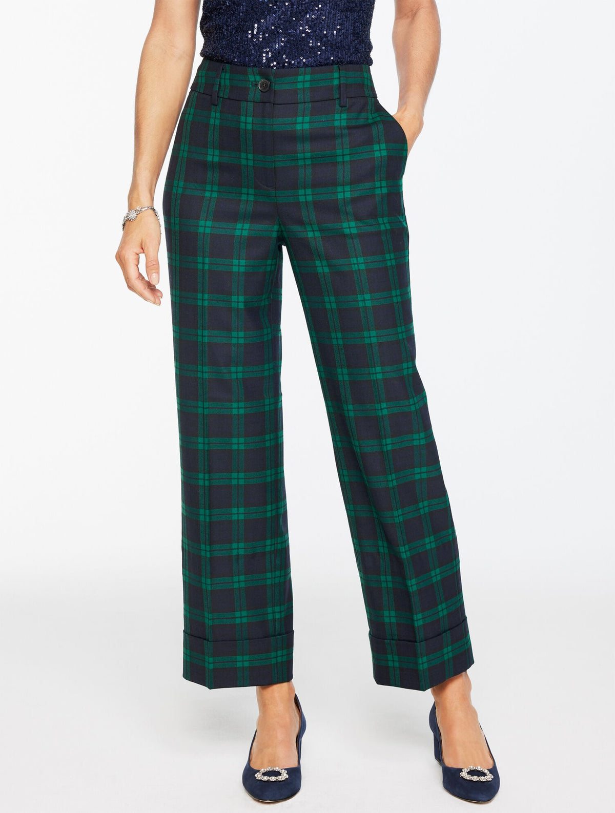 STRAIGHT ANKLE CUFF PANTS - BLACK WATCH PLAID