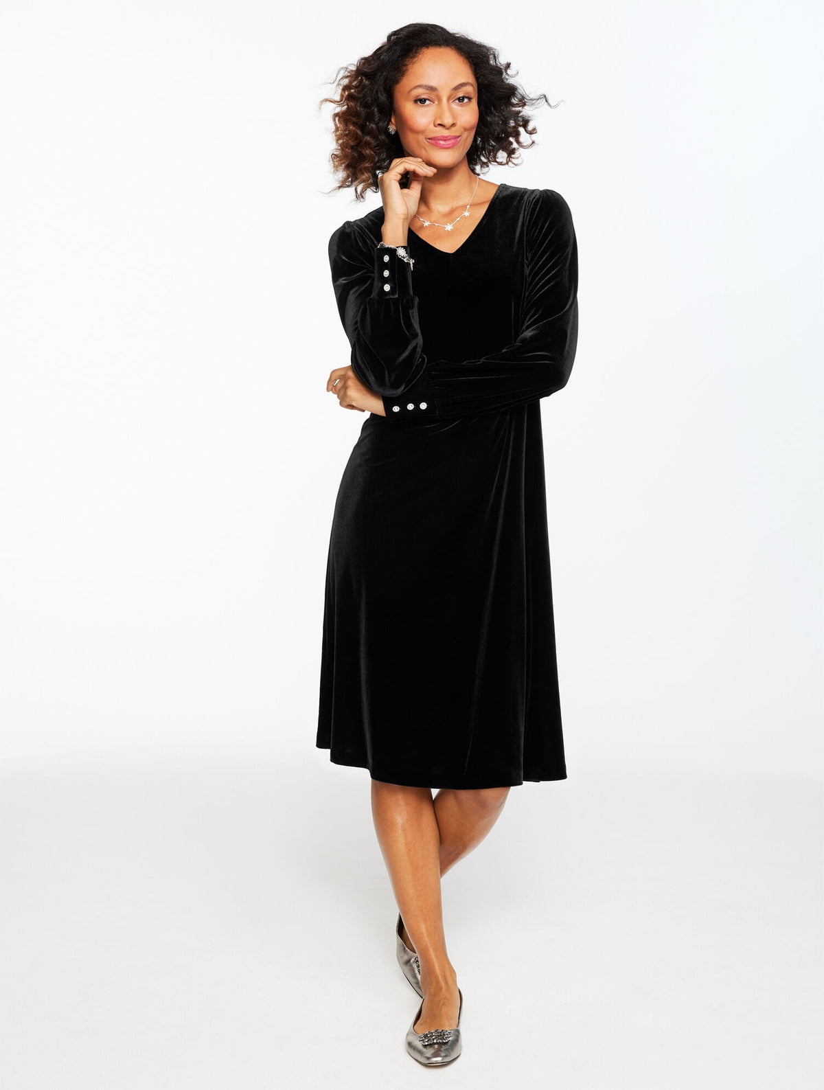 STRETCH VELVET V-NECK DRESS