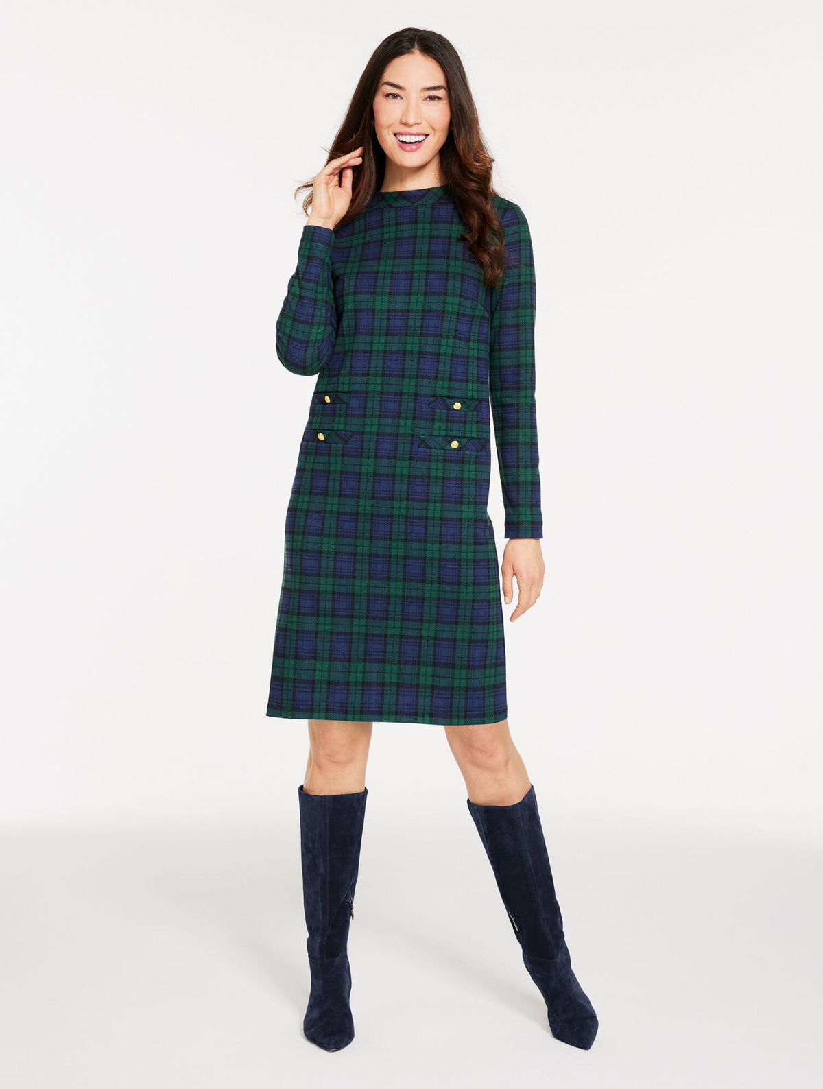 MOCKNECK SHIFT DRESS - BEDFORD BLACK WATCH