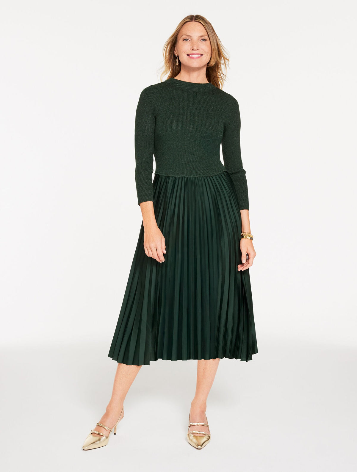 MIXED MEDIA PLEATED MIDI DRESS