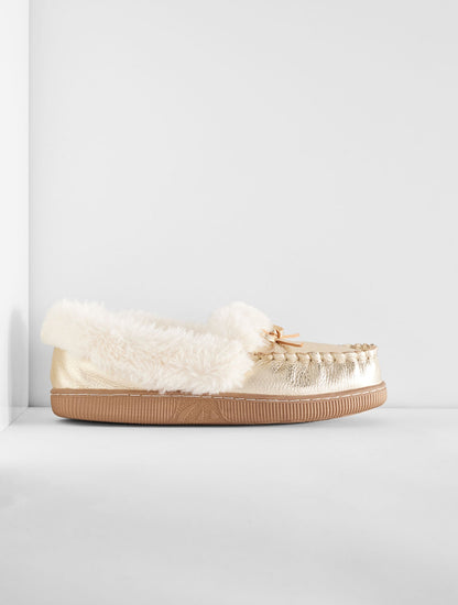 CLEO METALLIC PEBBLE LEATHER FAUX FUR MOCCASINS
