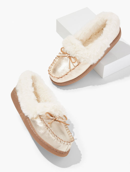 CLEO METALLIC PEBBLE LEATHER FAUX FUR MOCCASINS