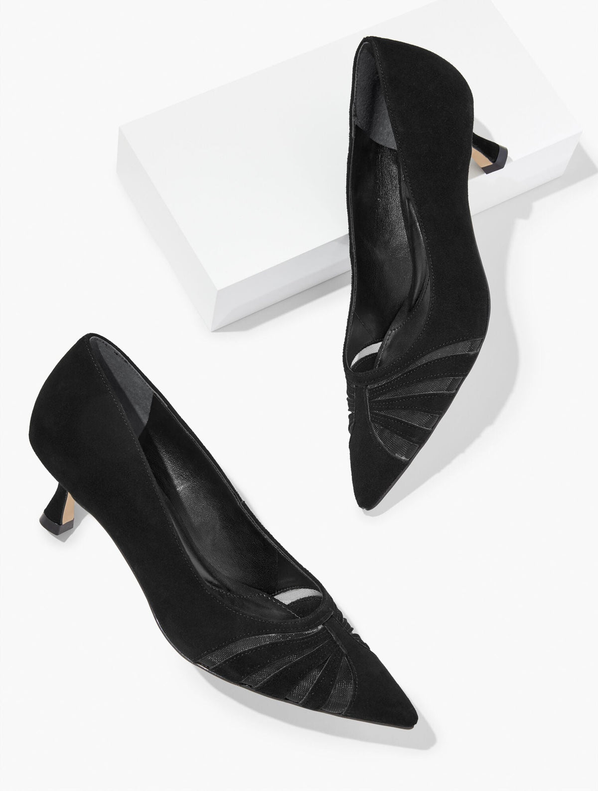 EMBER MESH SUEDE KITTEN HEEL PUMPS
