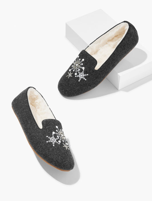 FIRESIDE EMBELLISHED FLANNEL SLIPPERS - SNOWFLAKE