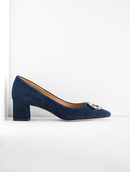 KAYLA EMBELLISHED SUEDE BLOCK HEEL PUMPS