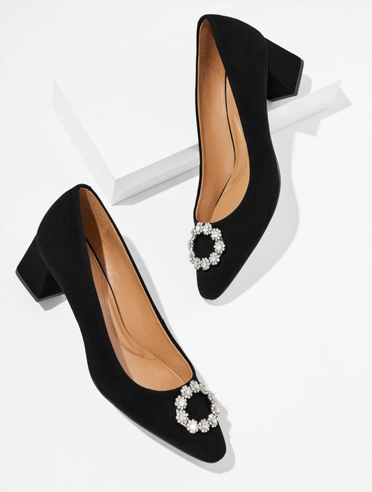 KAYLA EMBELLISHED SUEDE BLOCK HEEL PUMPS