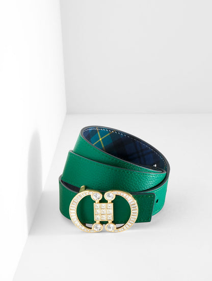 CRYSTAL EMBELLISHED REVERSIBLE PEBBLE LEATHER BELT