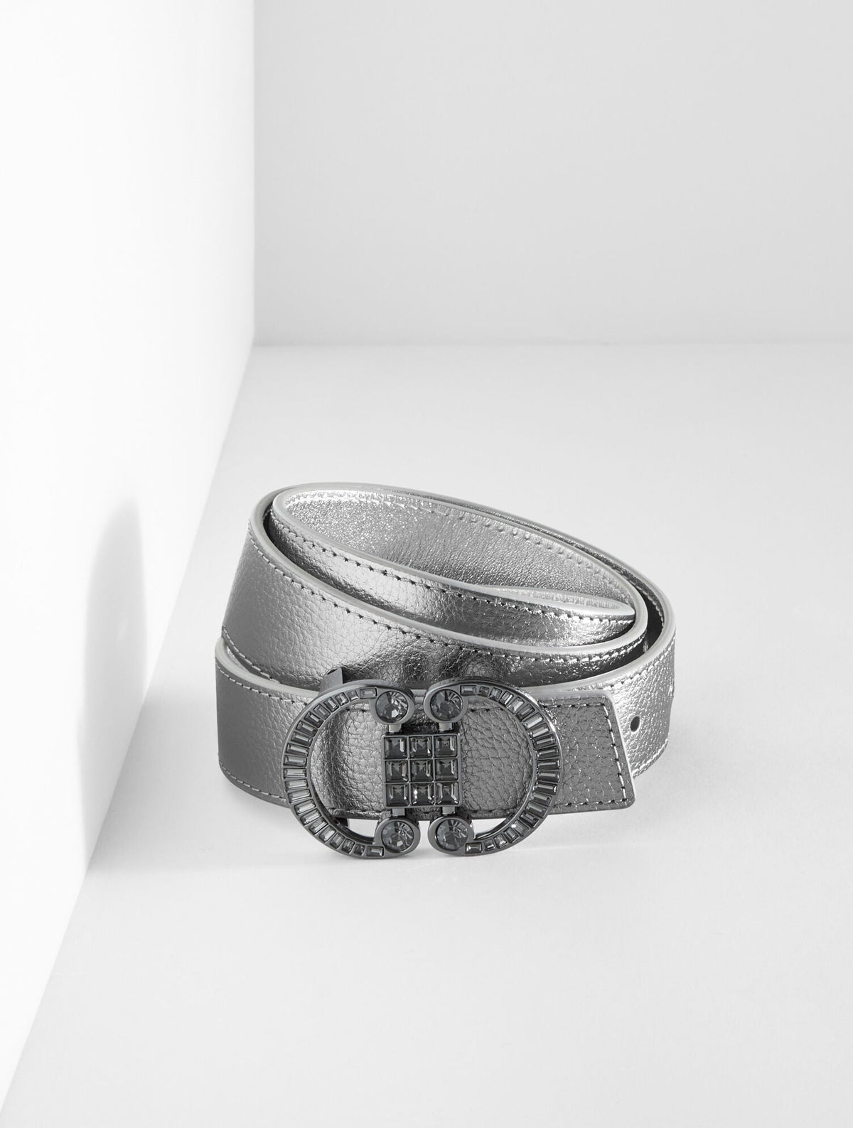 REVERSIBLE METALLIC CRYSTAL PEBBLE LEATHER BELT