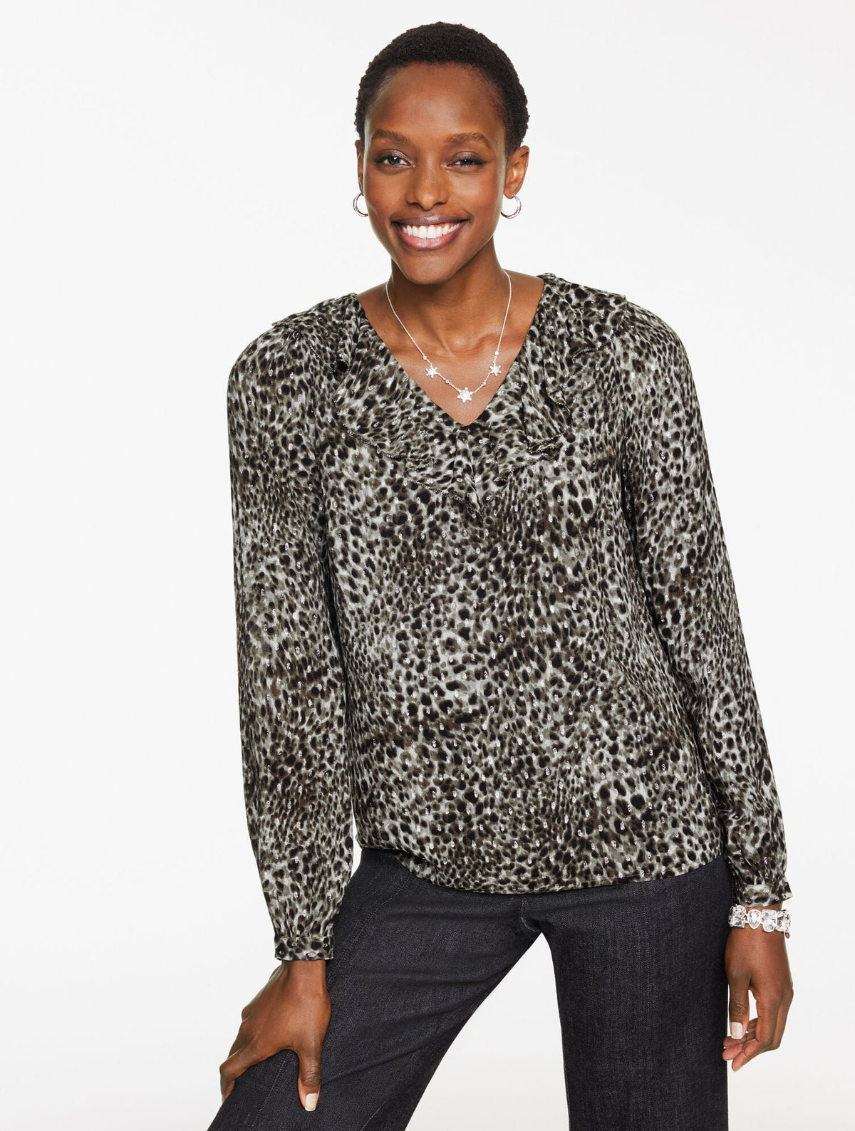 METALLIC V-NECK TOP - SWIRLY LEOPARD