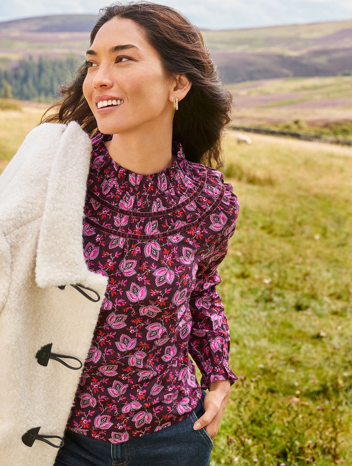 VELVET TRIM SMOCKED TOP - LUMINOUS FLORAL