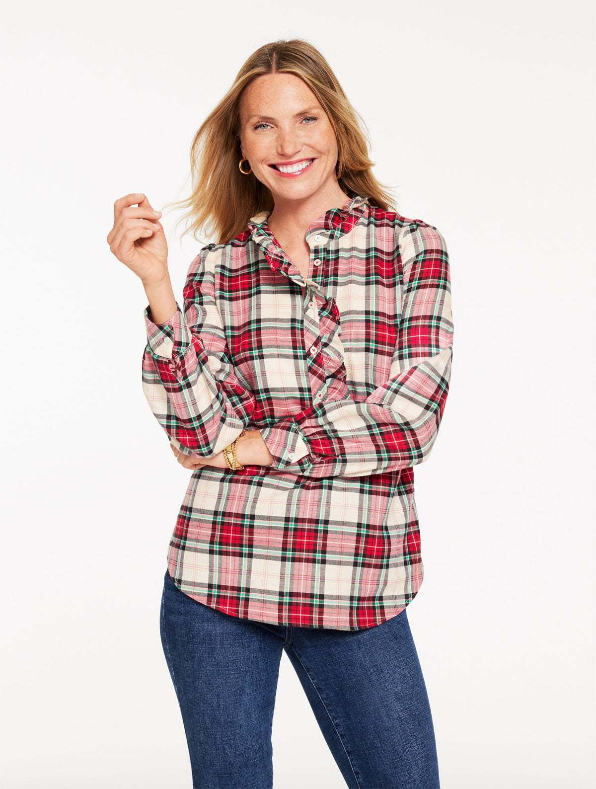 METALLIC RUFFLE POPOVER - HEARTWARMING PLAID