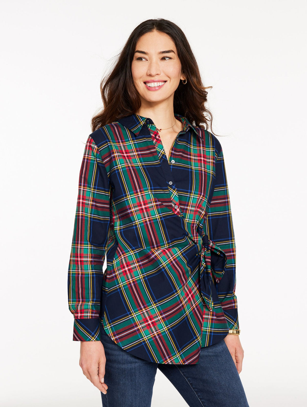 TIE FRONT POPLIN SHIRT - JOLLY TARTAN