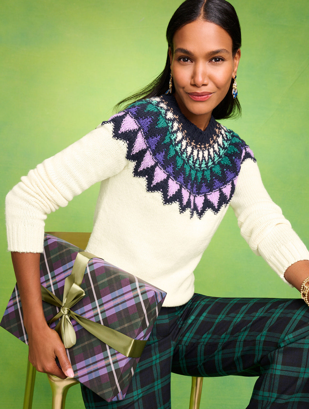 TEXTURED FAIR ISLE YOKE SWEATER