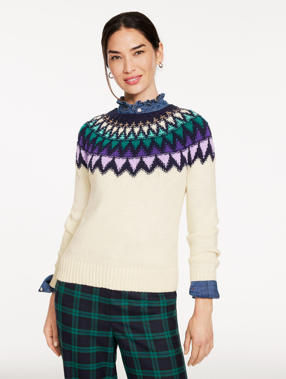 TEXTURED FAIR ISLE YOKE SWEATER