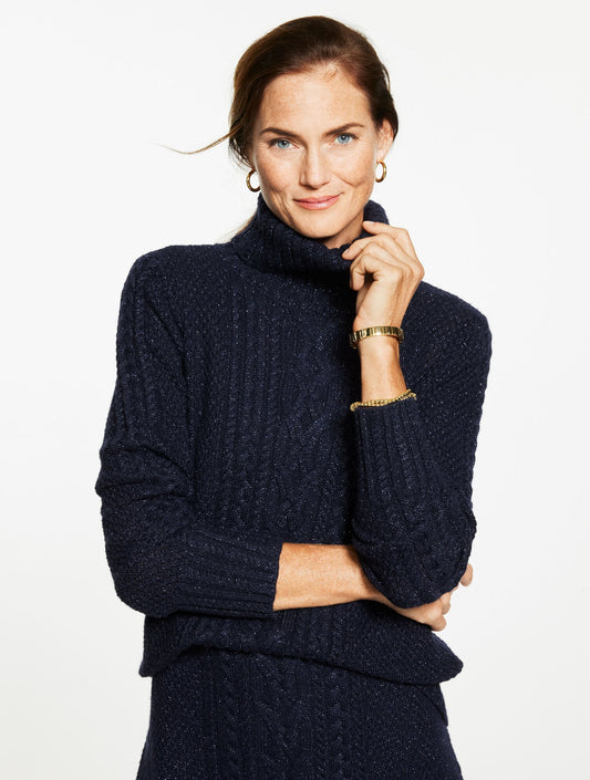 METALLIC CABLE KNIT TURTLENECK SWEATER