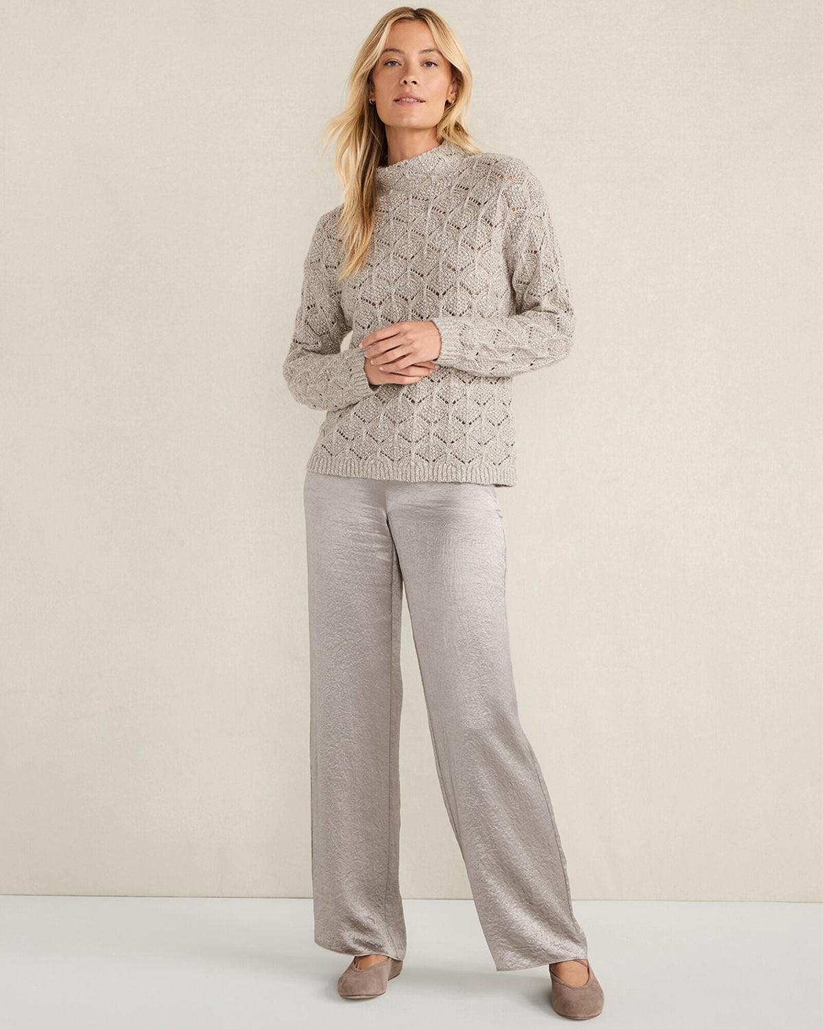 LUREX BLEND POINTELLE CREWNECK SWEATER