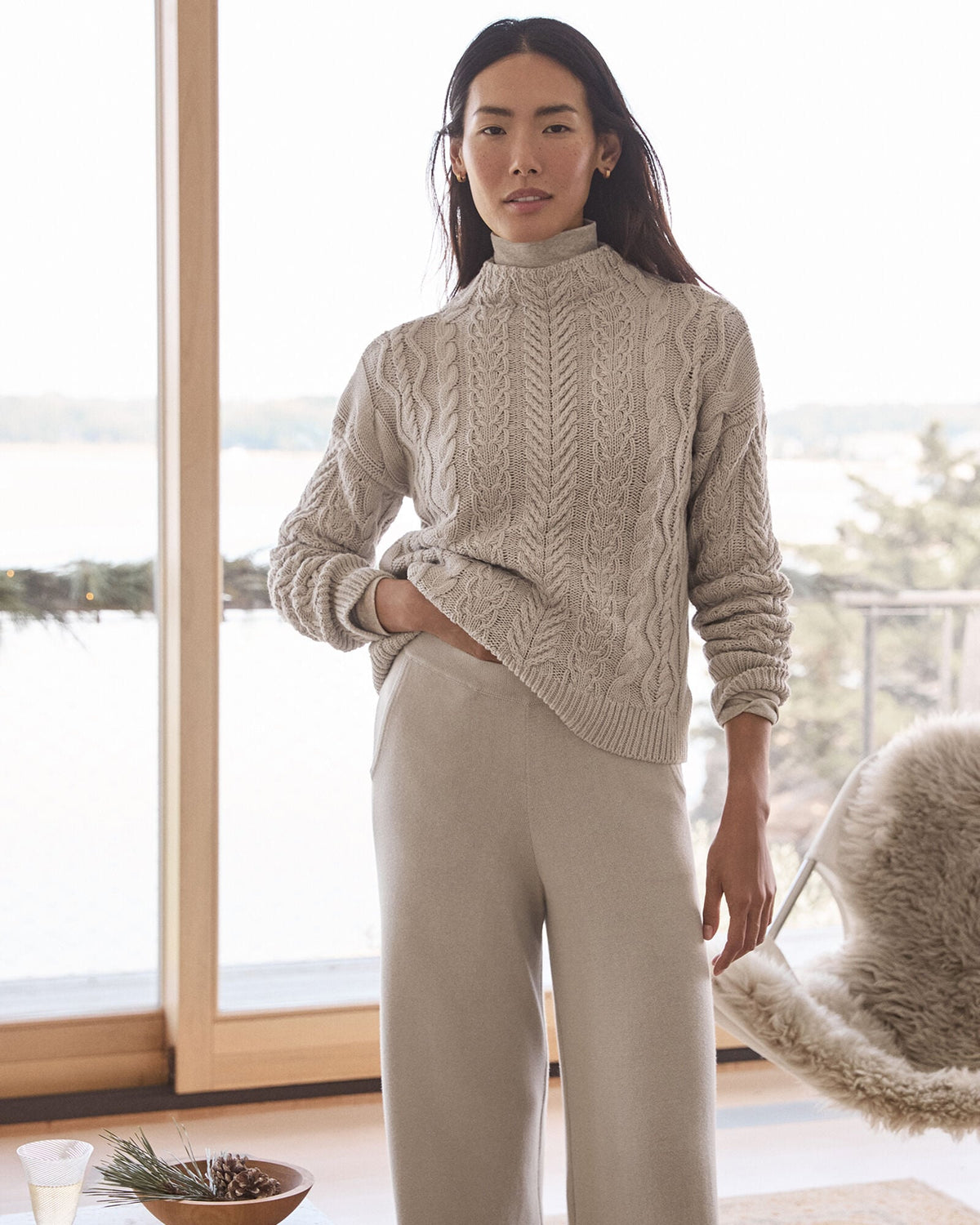 ORGANIC COTTON CABLE MOCKNECK SWEATER