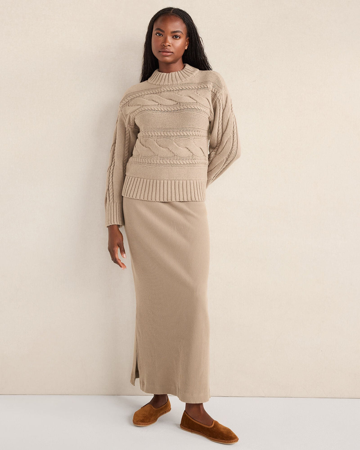 COTTON BLEND HORIZONTAL CABLE SWEATER