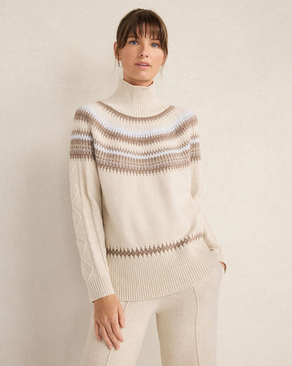 ORGANIC COTTON BLEND FAIR ISLE CABLE MOCKNECK SWEATER
