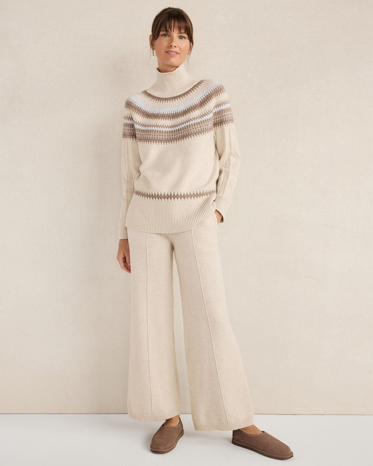 ORGANIC COTTON BLEND FAIR ISLE CABLE MOCKNECK SWEATER