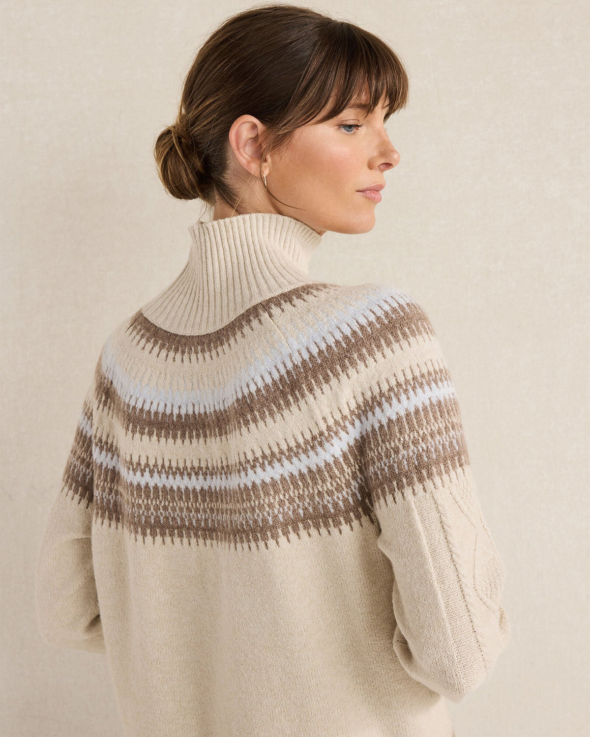 ORGANIC COTTON BLEND FAIR ISLE CABLE MOCKNECK SWEATER