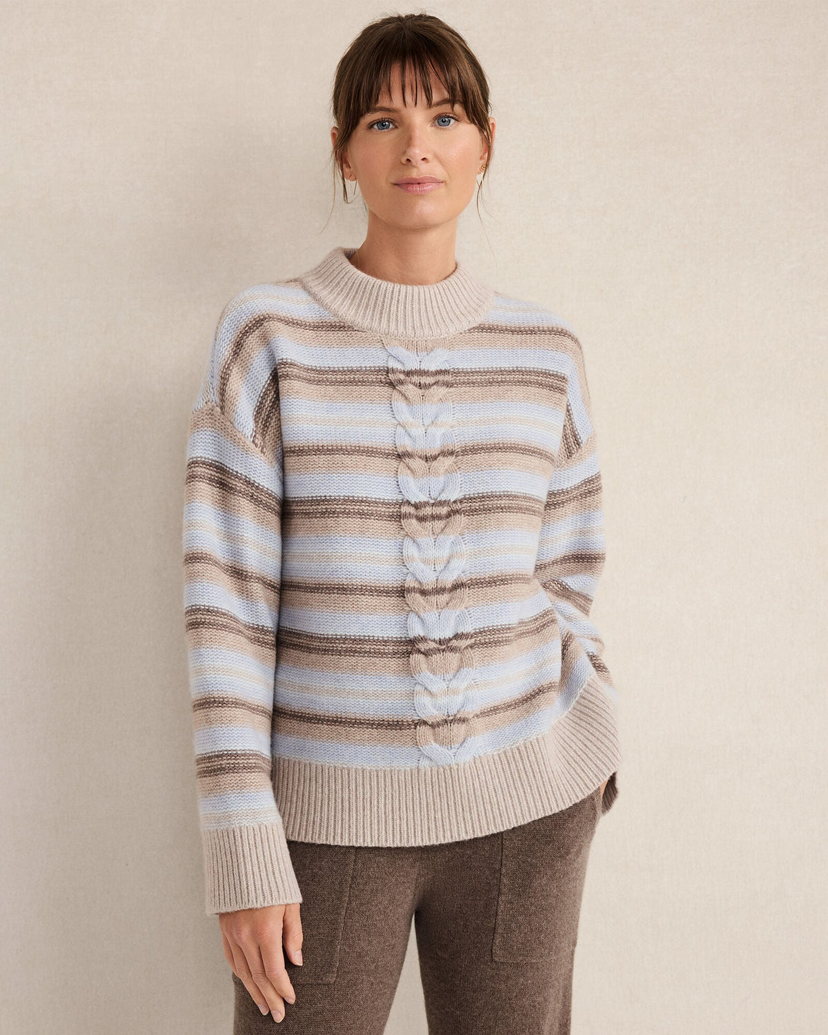 WOOL BLEND CABLE STRIPE CREWNECK SWEATER